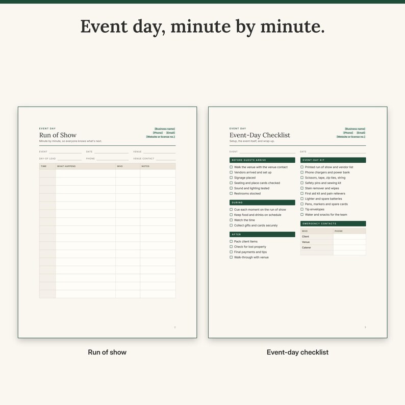 Run of show with time, what happens and who, next to the event-day checklist and kit list