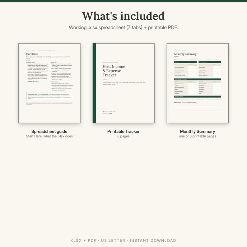 What is included: a working XLSX spreadsheet with seven tabs, an eight-page printable tracker and a Start Here guide