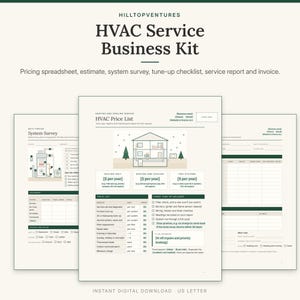 Op de afbeelding: Een HVAC-servicebedrijfskit met een prijzenoverzicht, offerte, systeemanalyse, onderhoudschecklist, servicerapport en factuur. De documenten bevatten donkergroene tekst en afbeeldingen op een lichte achtergrond.