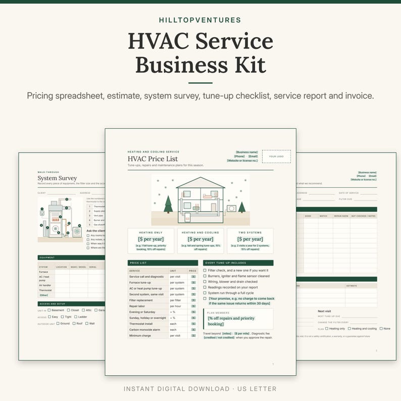 Op de afbeelding: Een HVAC-servicebedrijfskit met een prijzenoverzicht, offerte, systeemanalyse, onderhoudschecklist, servicerapport en factuur. De documenten bevatten donkergroene tekst en afbeeldingen op een lichte achtergrond.