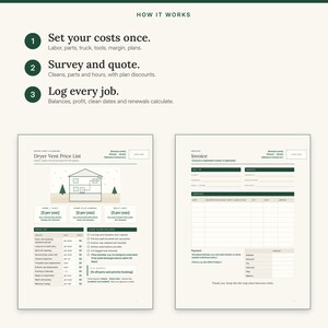 May include: A business document template for dryer vent cleaning services, featuring a How It Works section, a price list with a house diagram, and an invoice form. The text includes headers for price lists, service descriptions, and payment details.