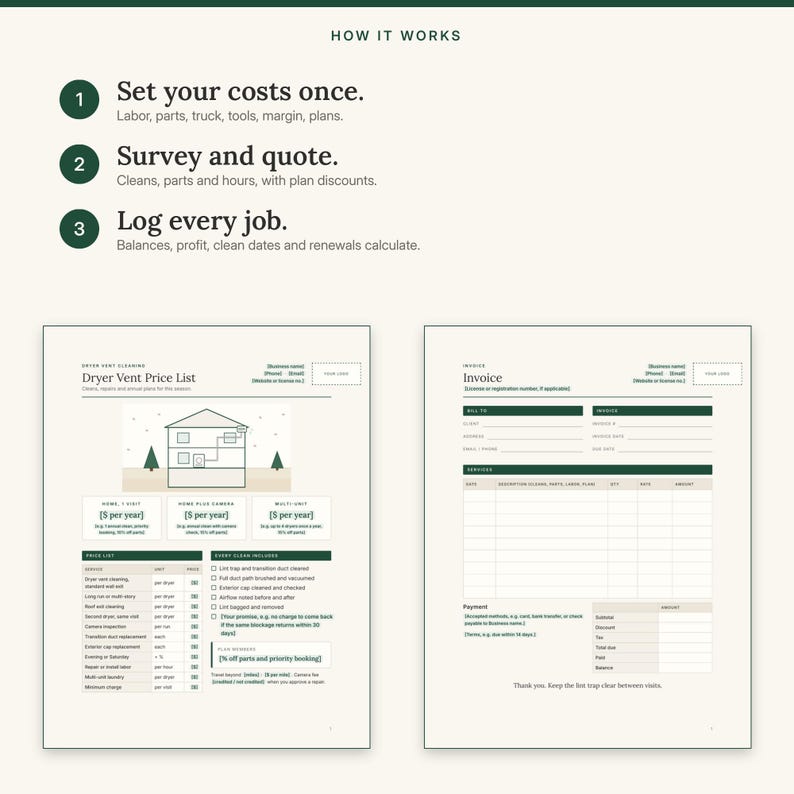 May include: A business document template for dryer vent cleaning services, featuring a How It Works section, a price list with a house diagram, and an invoice form. The text includes headers for price lists, service descriptions, and payment details.