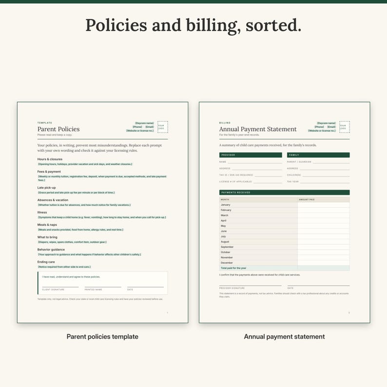 Parent policies template with prompts next to the annual payment statement