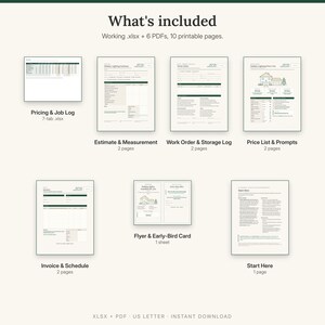 What is included: pricing and job log spreadsheet, estimate and site measurement, work order and storage log, price list and agreement prompts, invoice and season schedule, flyer and early-bird card, start here guide