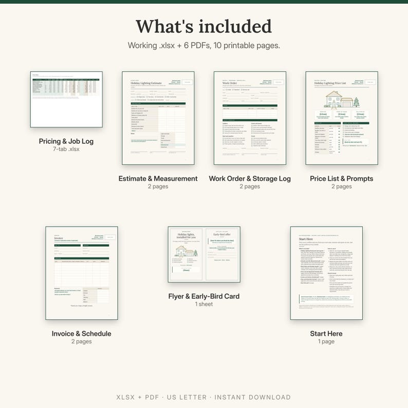 What is included: pricing and job log spreadsheet, estimate and site measurement, work order and storage log, price list and agreement prompts, invoice and season schedule, flyer and early-bird card, start here guide