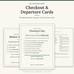 Checkout and Departure Card Set cover with the Checkout Day sign in front of the Before You Go sign and a tent card