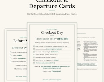 Op de afbeelding: Een set printbare checkout- en vertrekkaarten met donkergroene tekst op een lichte achtergrond. De documenten bevatten een checklist voor gasten met instructies voor afwas, afval, verlichting en afsluiten, plus een handleiding voor het gebruik.
