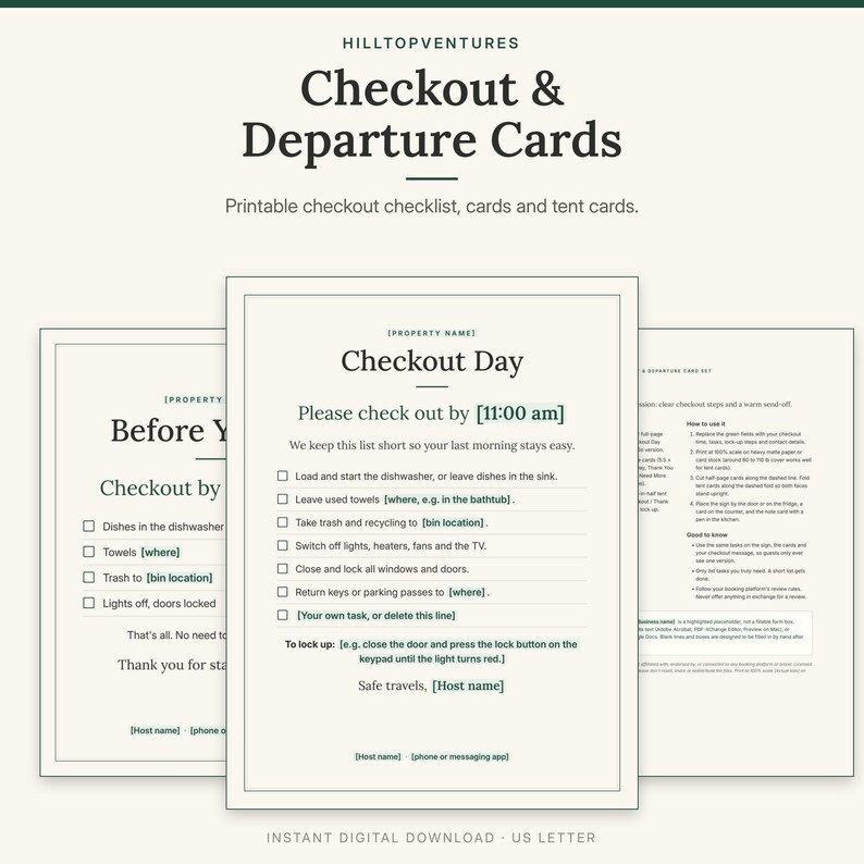 Checkout and Departure Card Set cover with the Checkout Day sign in front of the Before You Go sign and a tent card