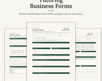 Könnte beinhalten: Ein Set von Nachhilfe-Geschäftsformularen, bestehend aus einem Schüleraufnahmebogen, Sitzungsnotizen und Fortschrittsberichten. Die Dokumente haben dunkelgrüne Überschriften und Linien auf cremefarbenem Hintergrund mit dem Text HilltopVentures.