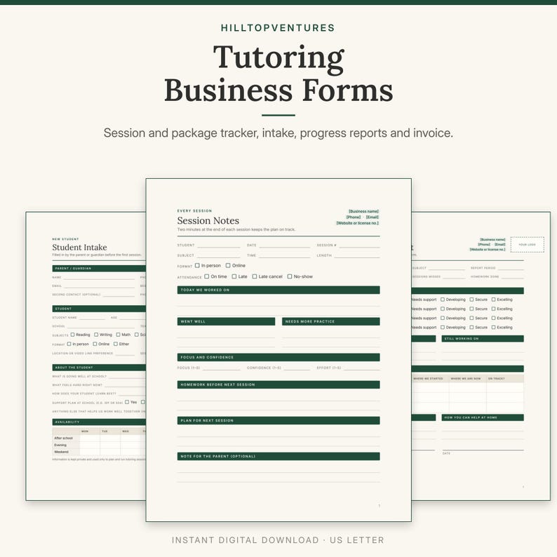 Tutoring Business Forms cover showing the session notes page in front of the student intake form and progress report