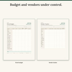 Event budget with budget, quote, actual, deposit and balance columns next to the vendor tracker