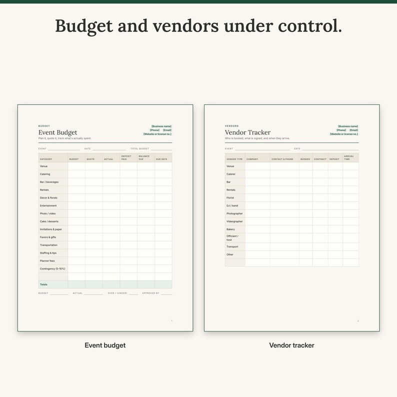 Event budget with budget, quote, actual, deposit and balance columns next to the vendor tracker
