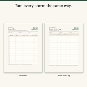 Storm route sheet with 16 numbered stops next to the storm service log with times, depth and salt