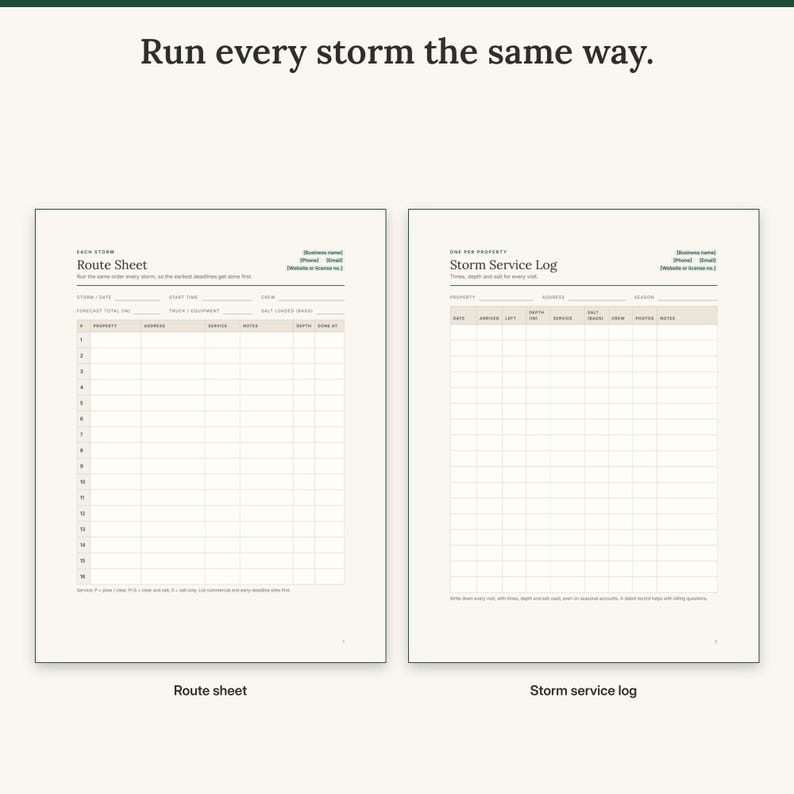 Storm route sheet with 16 numbered stops next to the storm service log with times, depth and salt