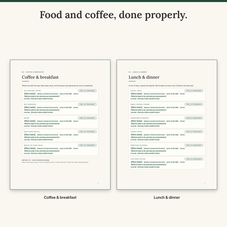 Coffee and breakfast page next to the lunch and dinner page, each with recommendation cards