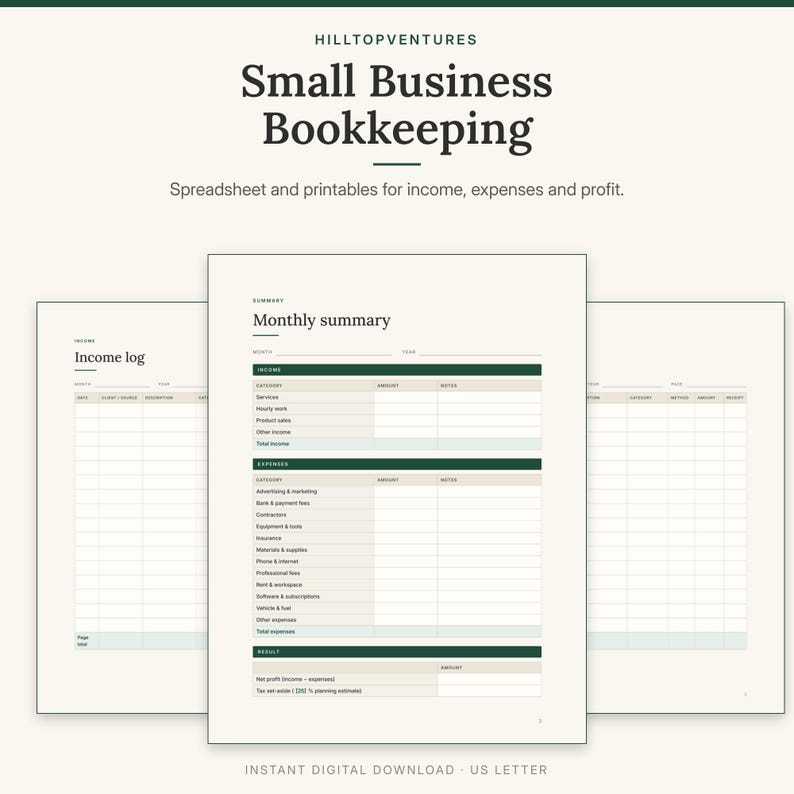 Small Business Bookkeeping cover showing the printable monthly summary in front of the income and expense logs