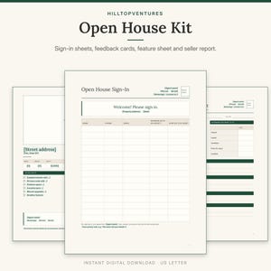 Open House Kit cover showing the sign-in sheet in front of the property feature sheet and seller feedback report