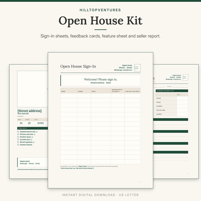 Open House Kit cover showing the sign-in sheet in front of the property feature sheet and seller feedback report