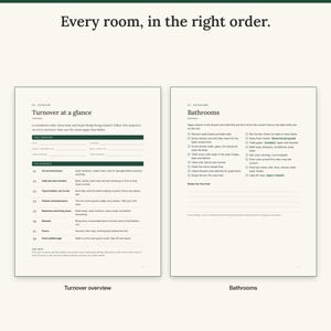 Turnover overview page with an eight-step cleaning sequence next to the bathroom checklist page