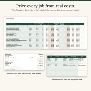 May include: A digital spreadsheet document titled Price every job from real costs, featuring a Price Sheet table with columns for item, unit, costs, and margins, alongside a Quote summary and an Areas inspected table for pest control.