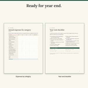 Annual expenses by category page next to the year-end checklist