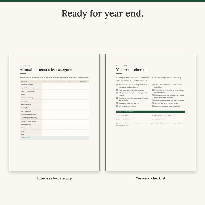 Annual expenses by category page next to the year-end checklist