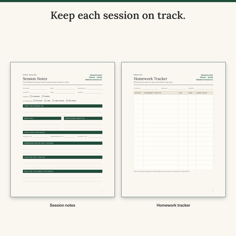 Session notes form with focus and confidence ratings next to the monthly homework tracker