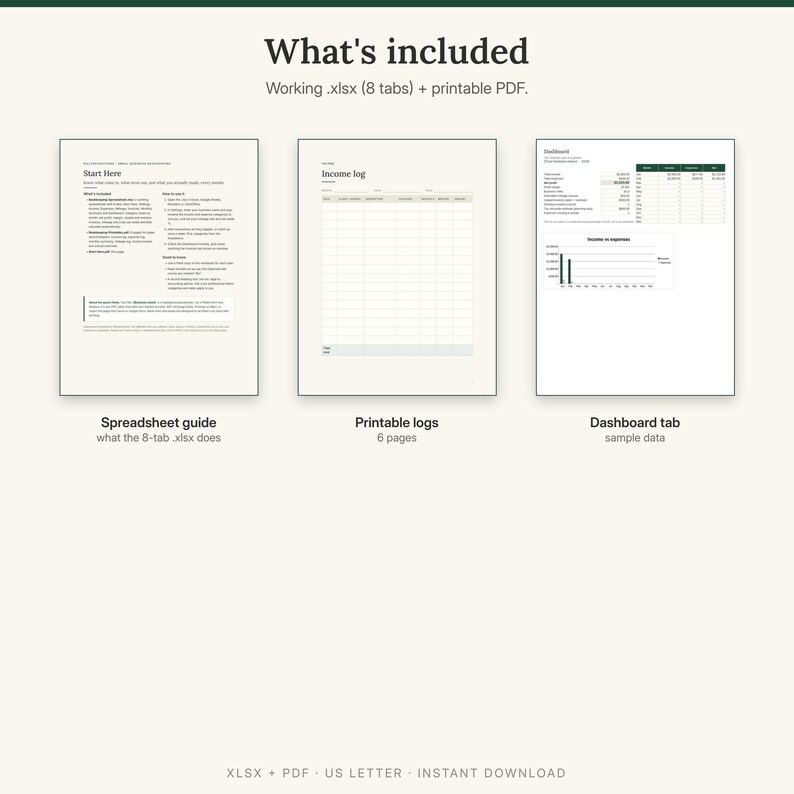 What is included: spreadsheet guide, 6 printable logs, and the Dashboard tab of the spreadsheet with sample data