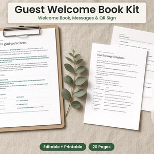 Peut inclure: Un kit de livre d'accueil pour invit&eacute;s comprenant un presse-papier avec une page de bienvenue, des mod&egrave;les de messages pour l'h&ocirc;te et un panneau QR. Les documents incluent le texte We're glad you're here et Host Message Templates.