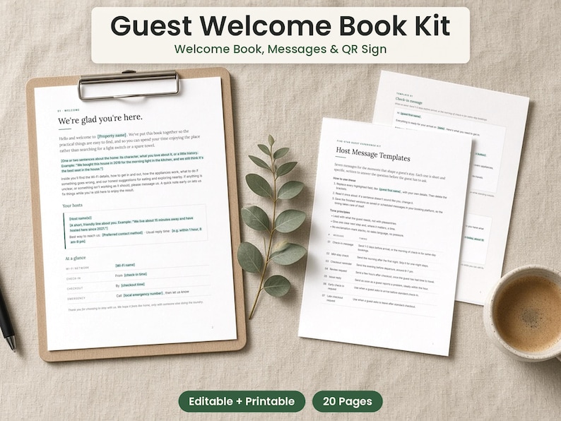 Peut inclure: Un kit de livre d'accueil pour invit&eacute;s comprenant un presse-papier avec une page de bienvenue, des mod&egrave;les de messages pour l'h&ocirc;te et un panneau QR. Les documents incluent le texte We're glad you're here et Host Message Templates.