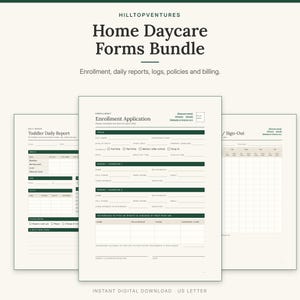 Home Daycare Forms Bundle cover showing the enrollment application in front of the toddler daily report and sign-in sheet