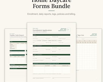 Puede incluir: Un paquete digital de formularios para guardería en casa de Hilltopventures que incluye solicitud de inscripción, informe diario para niños pequeños y hoja de registro. Los documentos son de color verde oscuro y beige con secciones claras.