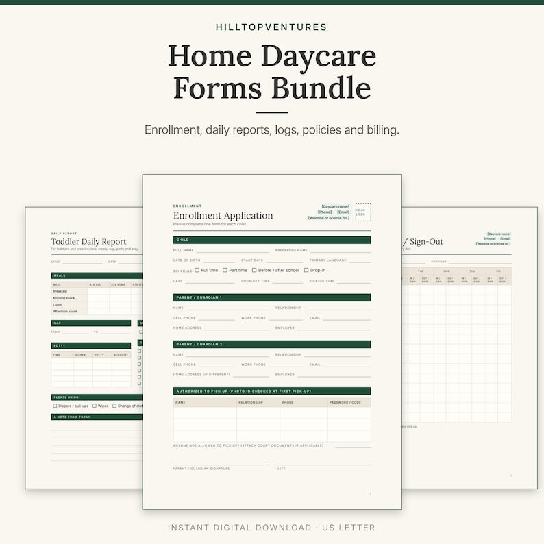 Home Daycare Forms Bundle cover showing the enrollment application in front of the toddler daily report and sign-in sheet