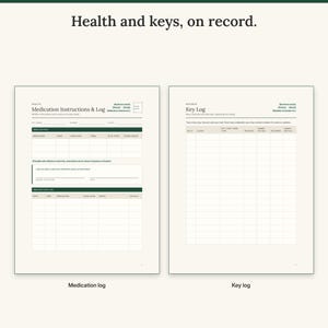 Medication instructions and dose log next to a key log with owner initials