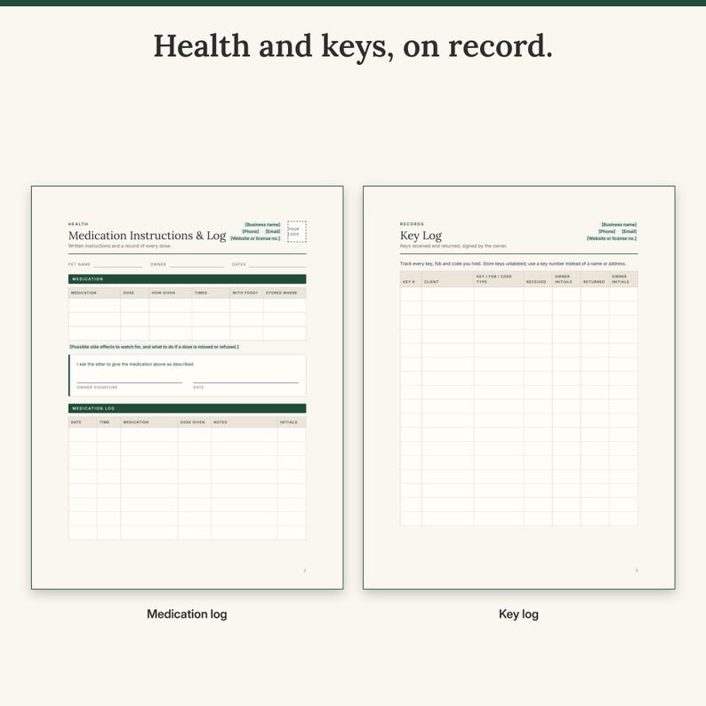 Medication instructions and dose log next to a key log with owner initials