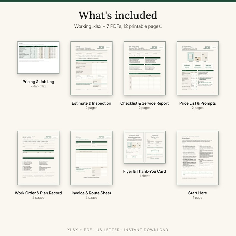 May include: A digital business document set titled What's included, featuring a working .xlsx file and 7 PDFs totaling 12 printable pages. Documents include a Pricing & Job Log, Estimate & Inspection, Checklist & Service Report, Price List & Prompts, Work Order & Plan Record, Invoice & Route Sheet, Flyer & Thank-You Card, and a Start Here guide.