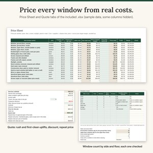 K&ouml;nnte beinhalten: Ein digitales Tabellendokument mit dem Titel Price every window from real costs, das eine Price Sheet-Tabelle, einen Services subtotal-Abschnitt und eine Window count-Tabelle mit Spalten f&uuml;r Artikel, Einheiten, Kosten und Margen enth&auml;lt.