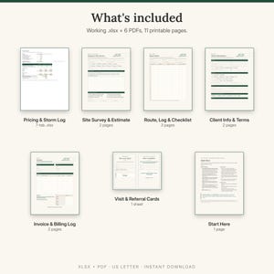 What is included: pricing and storm log spreadsheet, site survey and estimate, route sheet, storm log and checklist, client info and terms, invoice and billing log, visit and referral cards