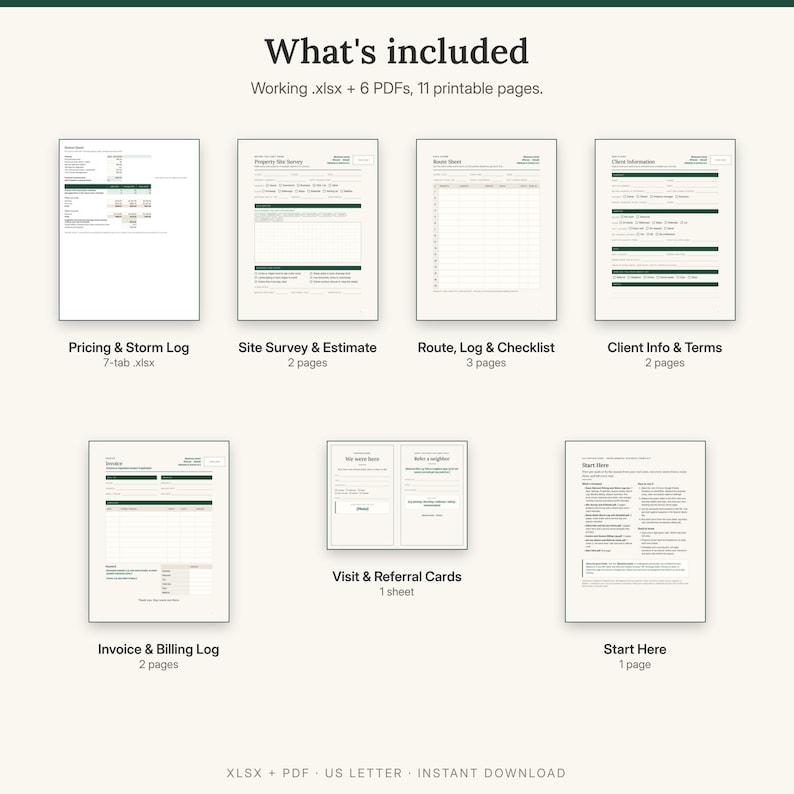 What is included: pricing and storm log spreadsheet, site survey and estimate, route sheet, storm log and checklist, client info and terms, invoice and billing log, visit and referral cards