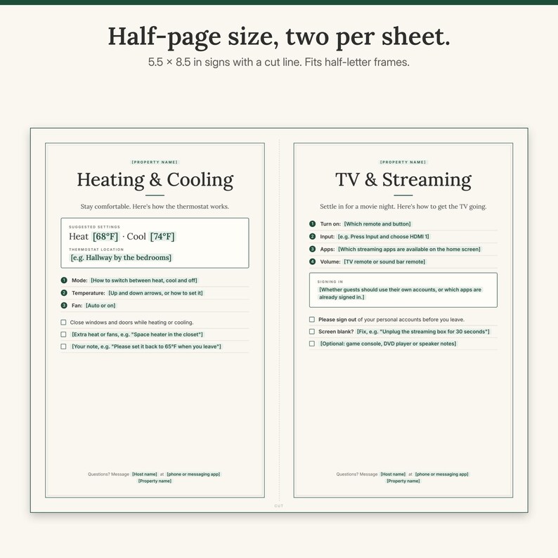 Landscape US Letter sheet with two half-page signs side by side and a dashed cut line