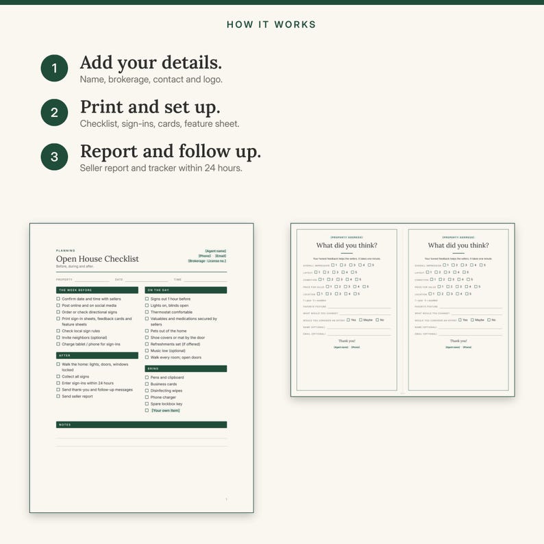 Three steps: add your details, print and set up, then report and follow up