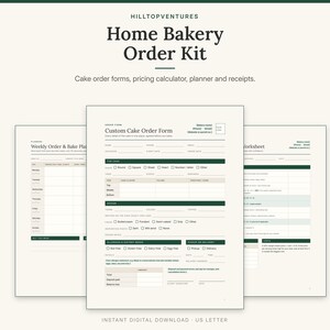 Home Bakery Order Kit cover showing the custom cake order form in front of the weekly planner and pricing worksheet
