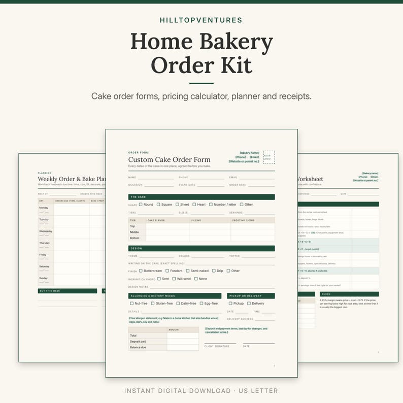 Home Bakery Order Kit cover showing the custom cake order form in front of the weekly planner and pricing worksheet