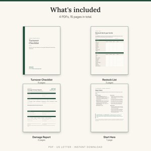 What is included: Turnover Checklist 9 pages, Restock List 3 pages, Damage Report 2 pages, Start Here 1 page