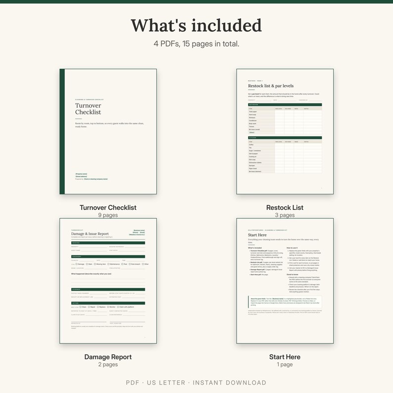 What is included: Turnover Checklist 9 pages, Restock List 3 pages, Damage Report 2 pages, Start Here 1 page