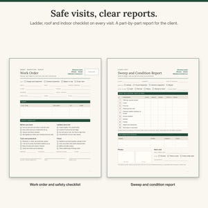 Work order with ladder, roof and indoor safety checklist next to the sweep and condition report with a part-by-part table and recommended repairs