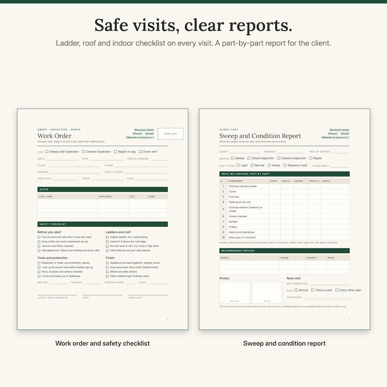 Work order with ladder, roof and indoor safety checklist next to the sweep and condition report with a part-by-part table and recommended repairs