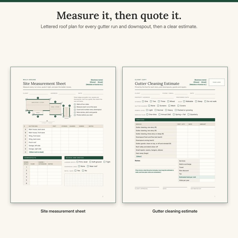 May include: A two-page document set titled Measure it, then quote it. The left page is a Site Measurement Sheet with a roof diagram and tables for gutter runs and downspouts. The right page is a Gutter Cleaning Estimate form with service lists.