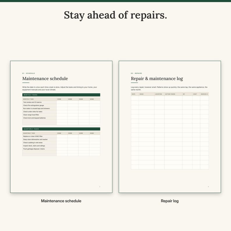 Monthly and quarterly maintenance schedule next to the repair and maintenance log