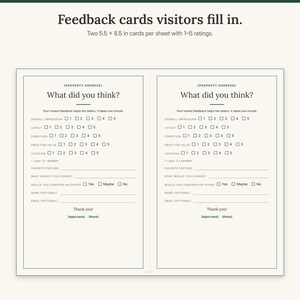 Landscape sheet with two visitor feedback cards with 1 to 5 ratings and open questions